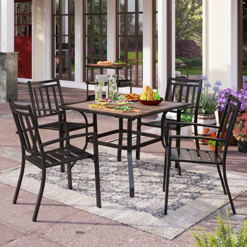 PHI VILLA 5-Piece Metal Patio Dining Set Wood-look Table and 4 Pattern Stackable Chairs