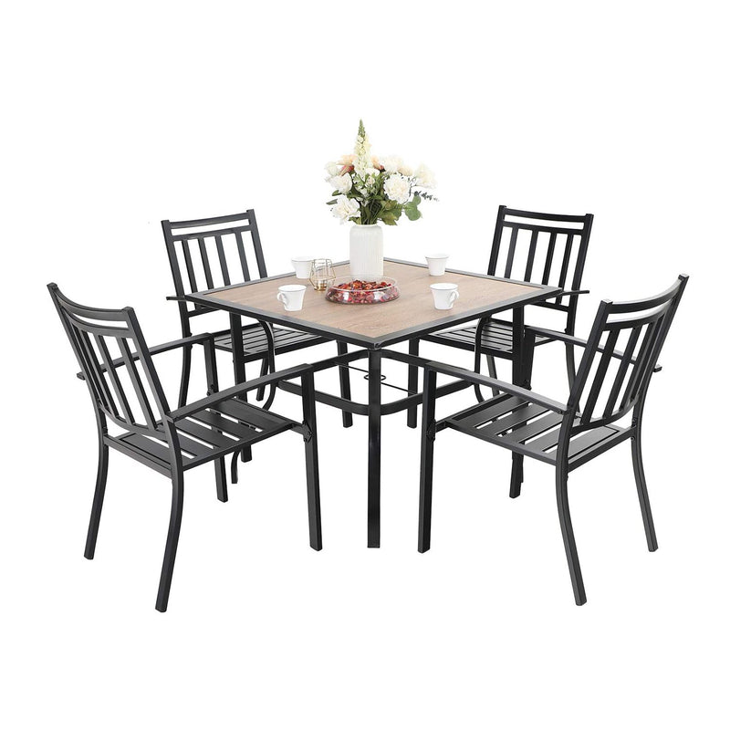 PHI VILLA 5-Piece Metal Patio Dining Set Wood-look Table and 4 Pattern Stackable Chairs 
