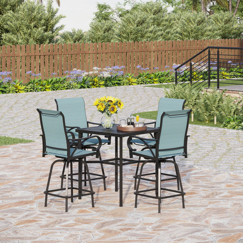 PHI VILLA 3/5 Piece Outdoor Bar Stool Set with 1 Steel Square Table & Textilene Swivel Bar Stools