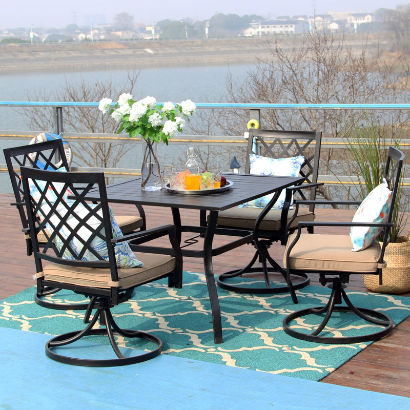 PHI VILLA 5-Piece Outdoor Dining Set 4 Cushioned Swivel Chairs and Larger Square Table