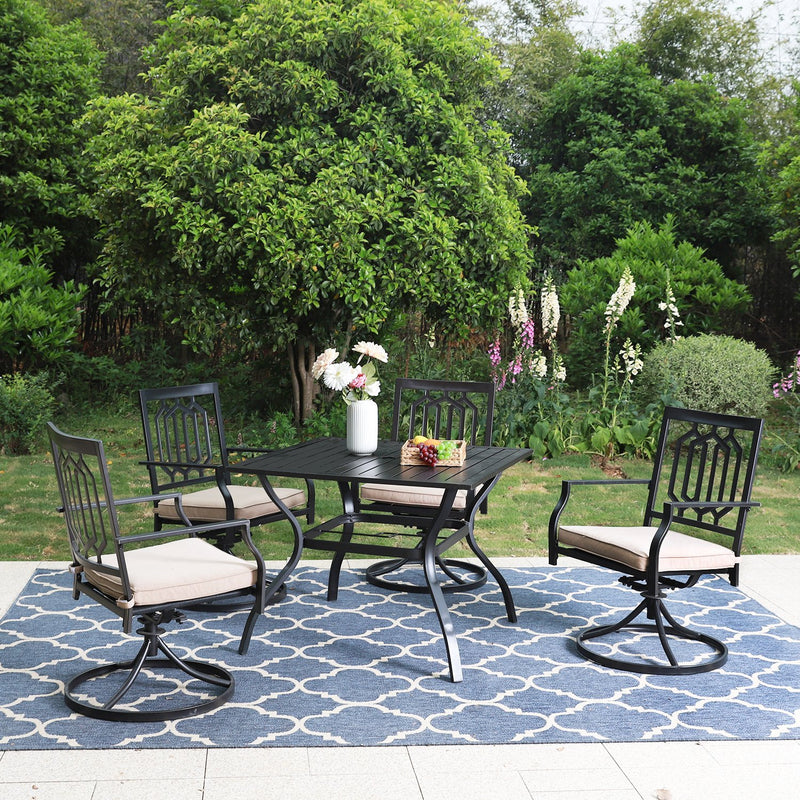 PHI VILLA 5-Piece Outdoor Dining Set 4 Cushioned Swivel Chairs and Larger Square Table