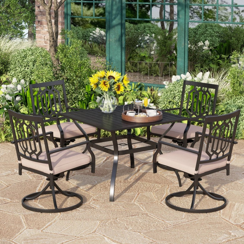 PHI VILLA 5-Piece Outdoor Dining Set 4 Cushioned Swivel Chairs and Larger Square Table