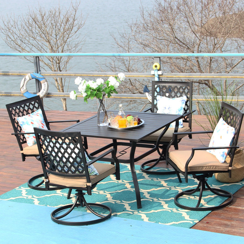 PHI VILLA 5-Piece Outdoor Dining Set 4 Cushioned Swivel Chairs and Larger Square Table
