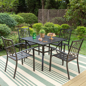 PHI VILLA 5-Piece Outdoor Dining Set 4 Patterned Stackable Chairs and Steel Square Table