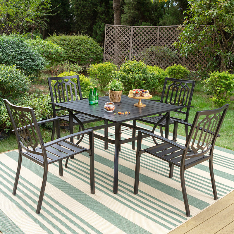 PHI VILLA 5-Piece Outdoor Dining Set 4 Patterned Stackable Chairs and Steel Square Table