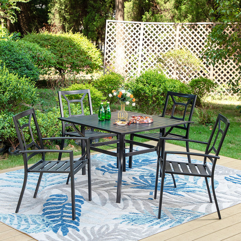 PHI VILLA 5-Piece Outdoor Dining Set 4 Patterned Stackable Chairs and Steel Square Table