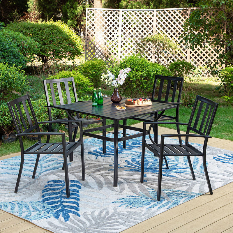 PHI VILLA 5-Piece Outdoor Dining Set 4 Patterned Stackable Chairs and Steel Square Table