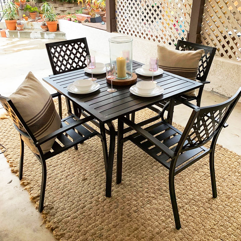 PHI VILLA 5-Piece Outdoor Dining Set 4 Patterned Stackable Chairs and Steel Square Table 
