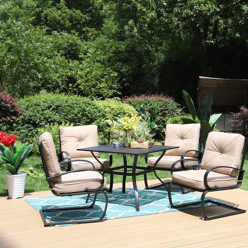 PHI VILLA 5-Piece Outdoor Dining Set With Steel Square Table & 4 C-Spring Cushioned Chairs