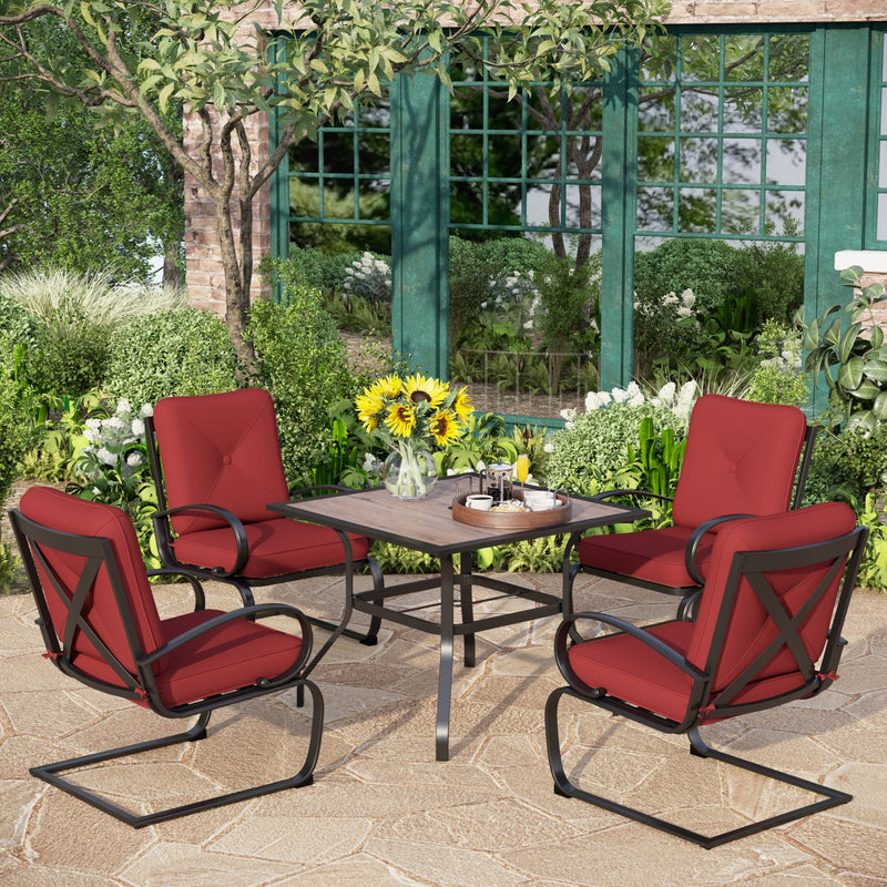 PHI VILLA 5-Piece Patio Dining Set With 4 C-Spring Cushioned Chairs & Steel Square Table