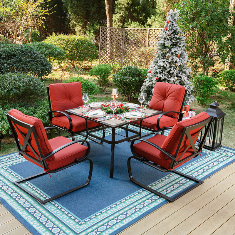 PHI VILLA 5-Piece Patio Dining Set With 4 C-Spring Cushioned Chairs & Steel Square Table