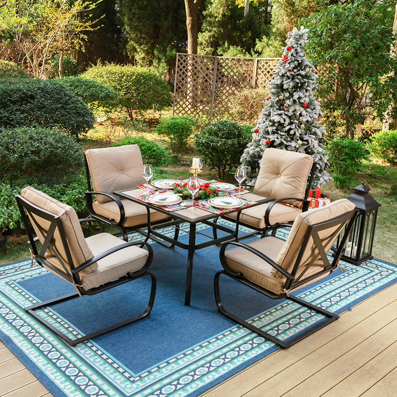 PHI VILLA 5-Piece Outdoor Dining Set With Steel Square Table & 4 C-Spring Cushioned Chairs
