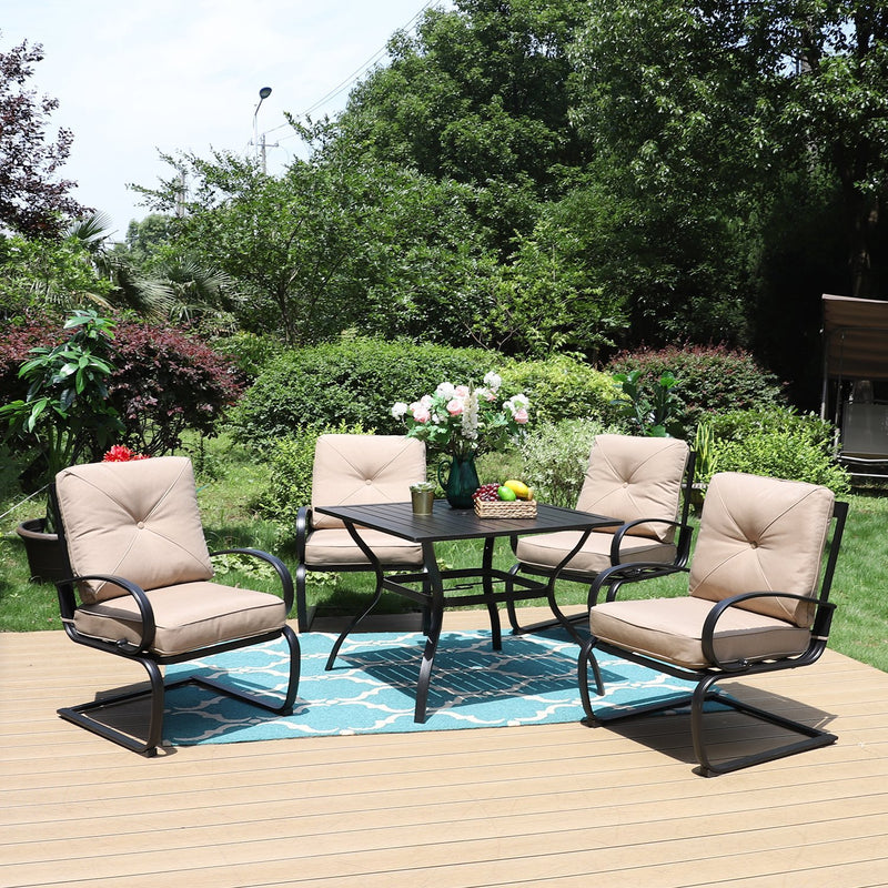 PHI VILLA 5-Piece Outdoor Dining Set With Steel Square Table & 4 C-Spring Cushioned Chairs