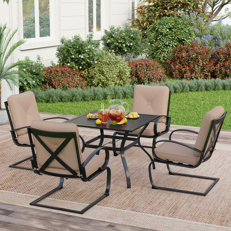 PHI VILLA 5-Piece Outdoor Dining Set With Steel Square Table & 4 C-Spring Cushioned Chairs