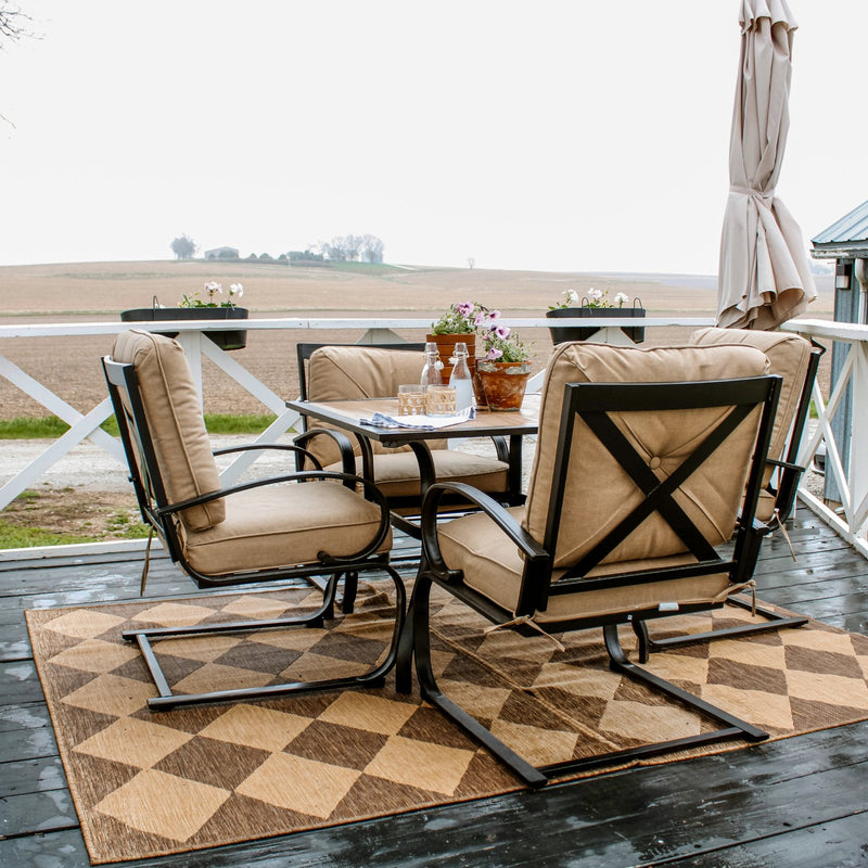 PHI VILLA 5-Piece Outdoor Dining Set With Steel Square Table & 4 C-Spring Cushioned Chairs 