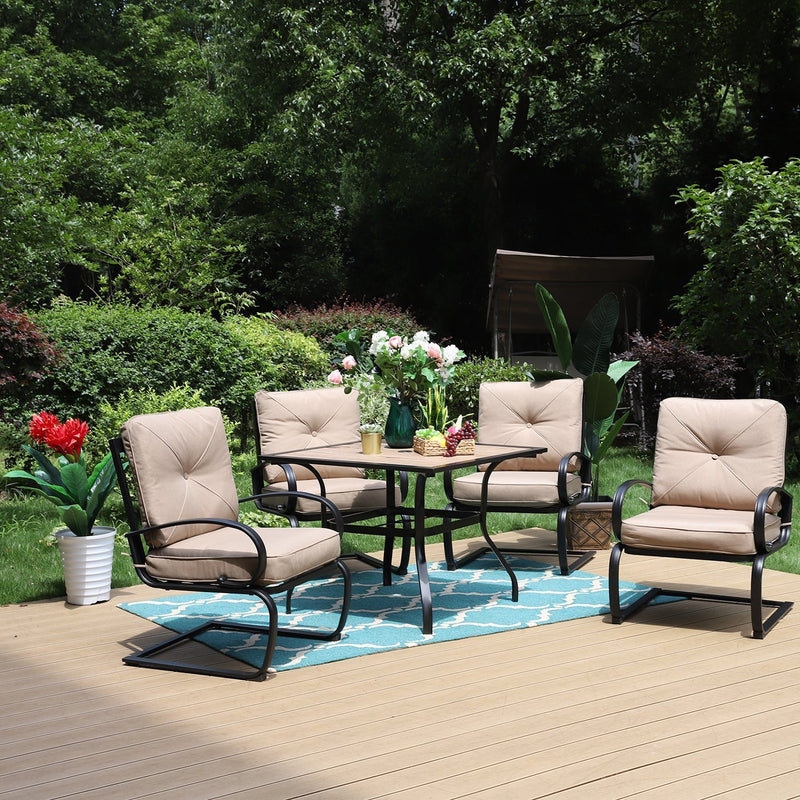 PHI VILLA 5-Piece Outdoor Dining Set With Steel Square Table & 4 C-Spring Cushioned Chairs