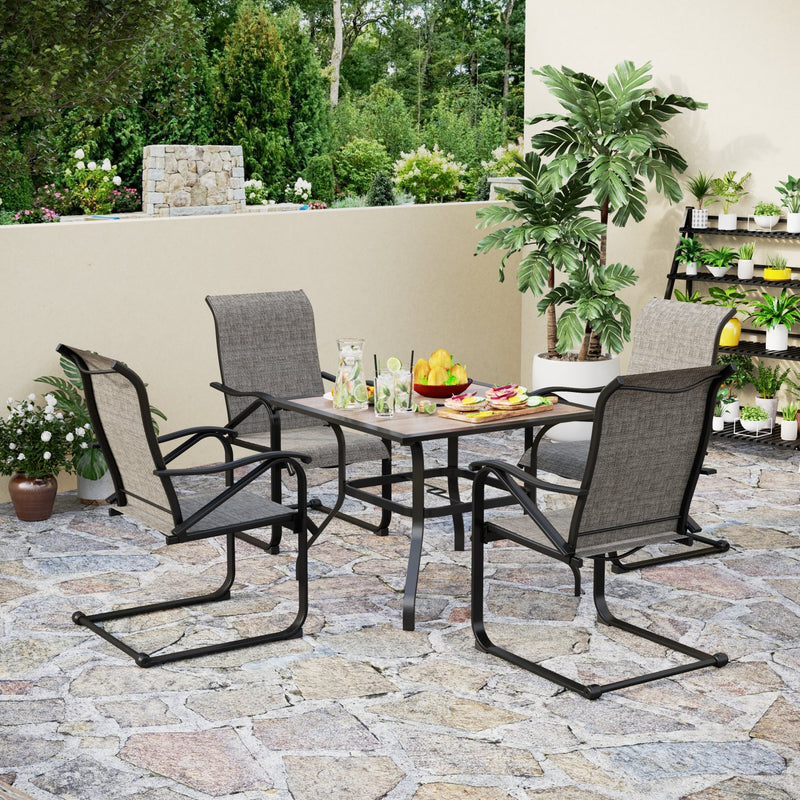 Phi Villa 5-Piece Outdoor Dining Set Wood-look Square Table & 4 Textilene C-spring Chairs 