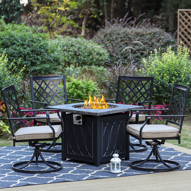 Phi Villa 5 Piece Outdoor Fire Pit Set 32 inch TerraFab Square 50000BTU Fire Pit Table and Steel Swivel Chairs