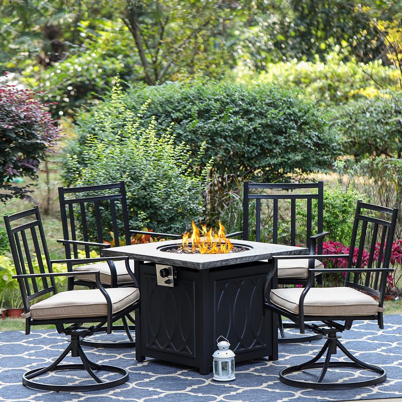 Phi Villa 5 Piece Outdoor Fire Pit Set 32 inch TerraFab Square 50000BTU Fire Pit Table and Steel Swivel Chairs