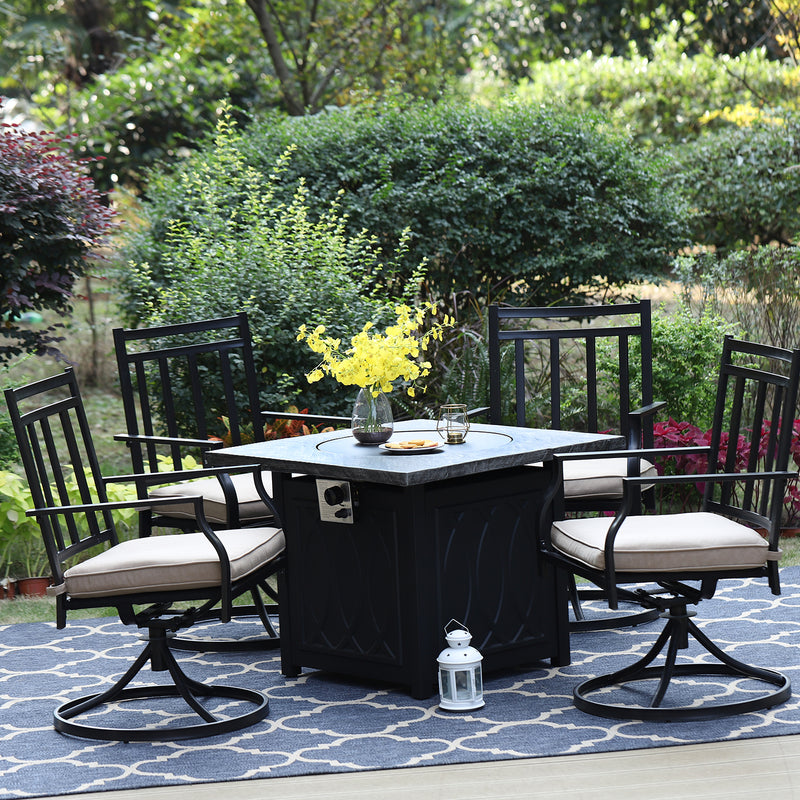 Phi Villa 5-Piece Outdoor Fire Pit Set 32 inch Stone Texture TerraFab Square 50000BTU Fire Pit Table and Steel Swivel Chairs