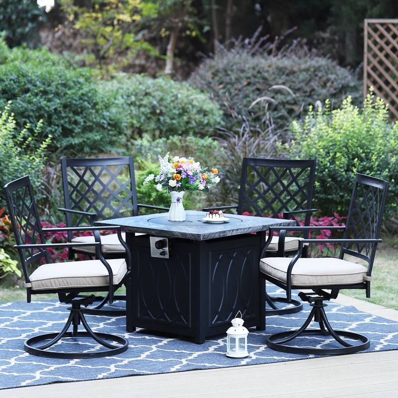 Phi Villa 5-Piece Outdoor Fire Pit Set 32 inch Stone Texture TerraFab Square 50000BTU Fire Pit Table and Steel Swivel Chairs