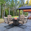 PHI VILLA 5-Piece Outdoor Fire Pit Set C-spring Chairs With Cushions & 50,000BTU Square Fire Pit Table