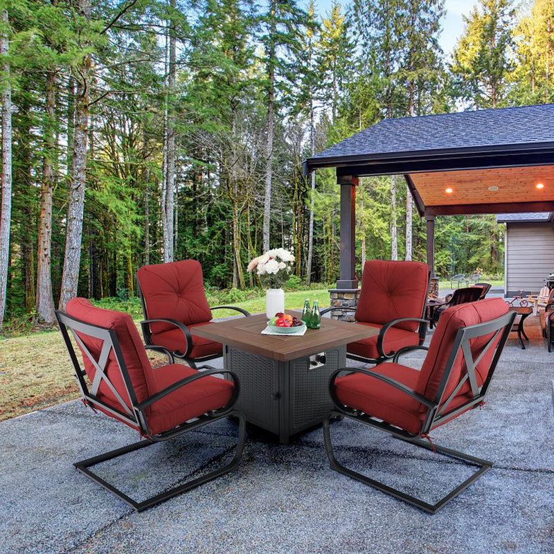 PHI VILLA 5-Piece Outdoor Fire Pit Set C-spring Chairs With Cushions & 50,000BTU Wood-look Fire Pit Table