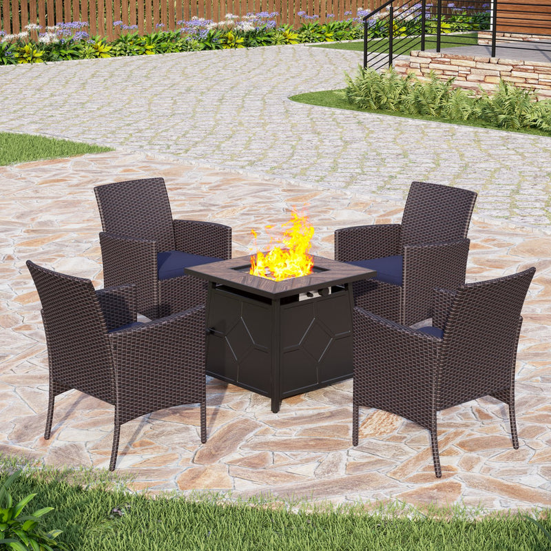 PHI VILLA 5-Piece Outdoor Fire Pit Set Rattan Chairs With Cushions & 28“ 40000BTU TerraFab Square Fire Pit Table