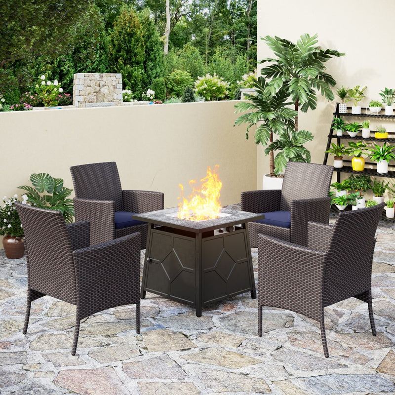 PHI VILLA 5-Piece Outdoor Fire Pit Set Rattan Chairs With Cushions & 28“ 40000BTU TerraFab Square Fire Pit Table