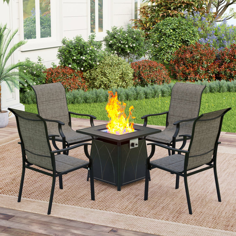 PHI VILLA 5-Piece Outdoor Fire Pit Set Textilene Chairs & 50,000BTU Square Fire Pit Table