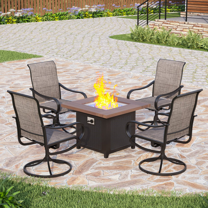 PHI VILLA 5-Piece Outdoor Fire Pit Set Textilene Dining Chairs & 50,000BTU Wood-look Square Fire Pit Table