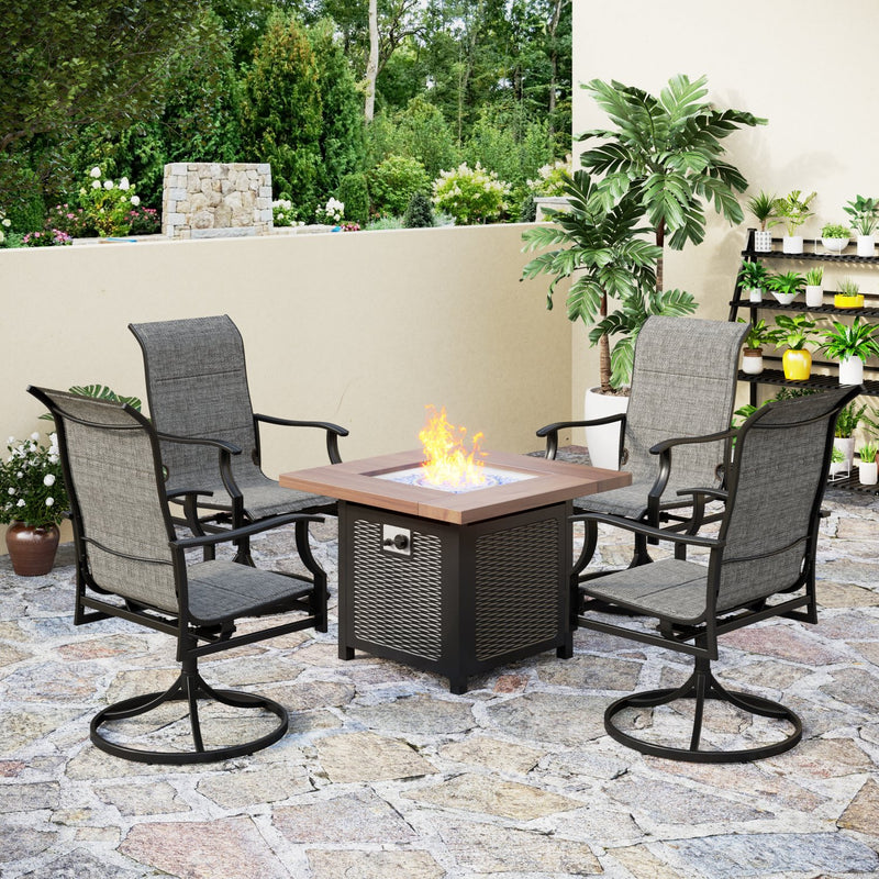 PHI VILLA 5-Piece Outdoor Fire Pit Set Textilene Dining Chairs & 50,000BTU Wood-look Square Fire Pit Table