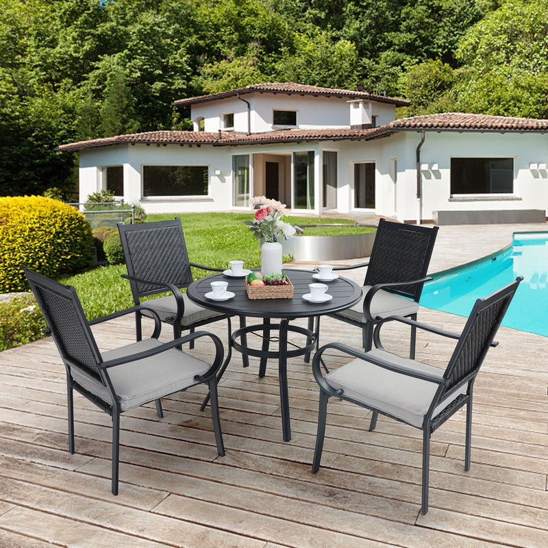 PHI VILLA 5-Piece Outdoor Patio Dining Set With Round Steel Table & 4 Fixed Rattan Chairs