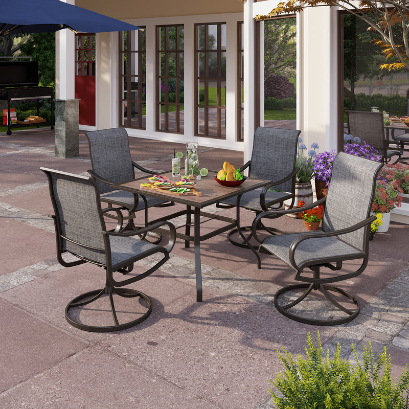 PHI VILLA 5-Piece Outdoor Dining Set Wood-look Square Table & 4 Textilene Swivel Chairs