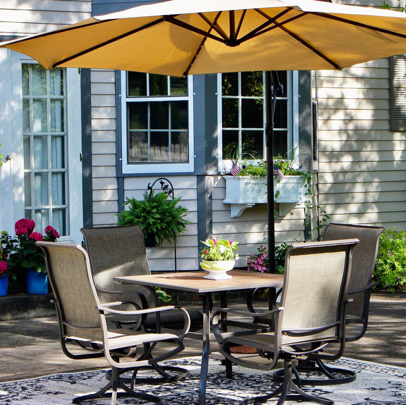 PHI VILLA 5-Piece Outdoor Dining Set Wood-look Square Table & 4 Textilene Swivel Chairs