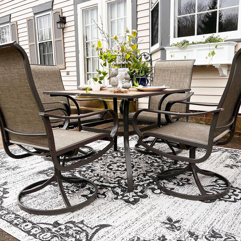 PHI VILLA 5-Piece Outdoor Dining Set Wood-look Square Table & 4 Textilene Swivel Chairs