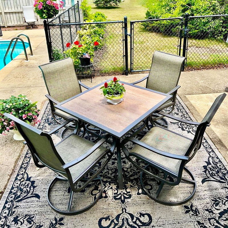 PHI VILLA 5-Piece Outdoor Dining Set Wood-look Square Table & 4 Textilene Swivel Chairs