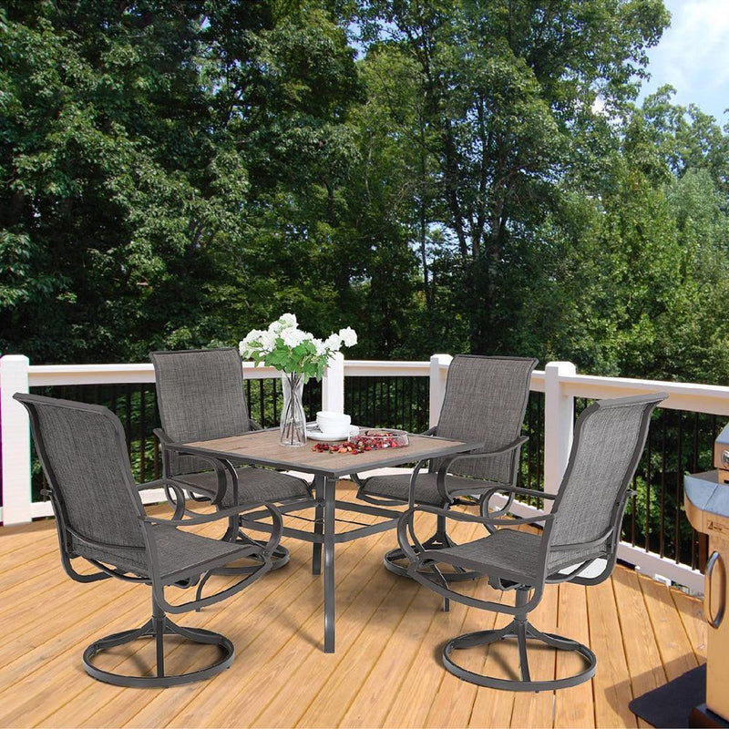 PHI VILLA 5-Piece Outdoor Patio Dining Set Wood-look Square Table & 4 Textilene Swivel Chairs