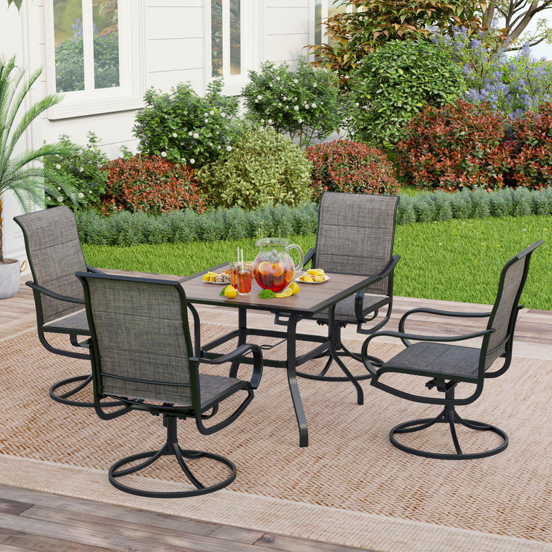 PHI VILLA 5-Piece Patio Dining Set With Wood-look Table & 4 Padded Textilene Swivel Chairs 