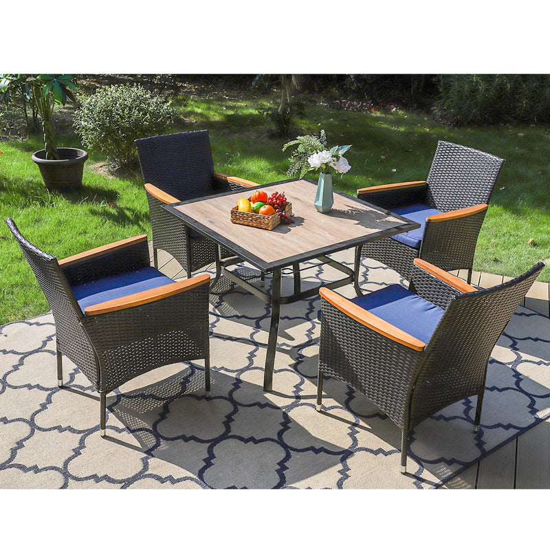 Phi Villa 5-Piece Patio Dining Set Wood-Look PVC Table and 4 Rattan Chairs with Cushions