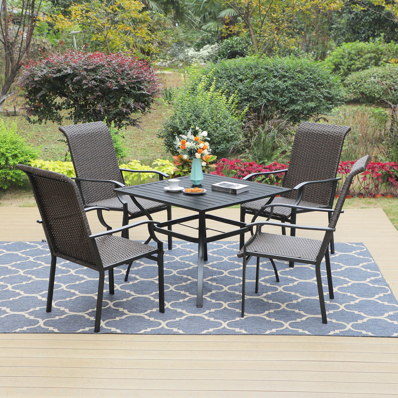 PHI VILLA 5-Piece Patio Dining Set with 4 Rattan Dining Chairs & Steel Square Table