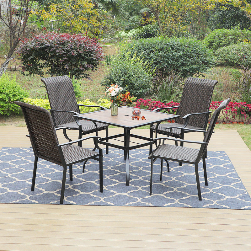 PHI VILLA 5-Piece Patio Dining Set with 4 Rattan Dining Chairs & Wood-look Square Table