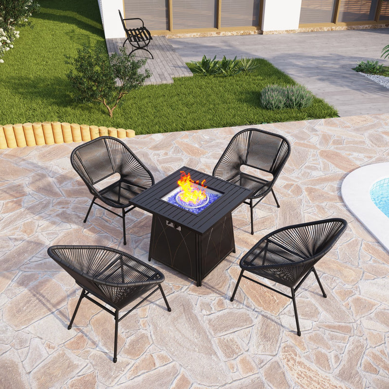 Phi Villa 5-Piece Patio Fire Pit Set  with Rattan Wicker Chairs & 50,000BTU Square Fire Pit Table