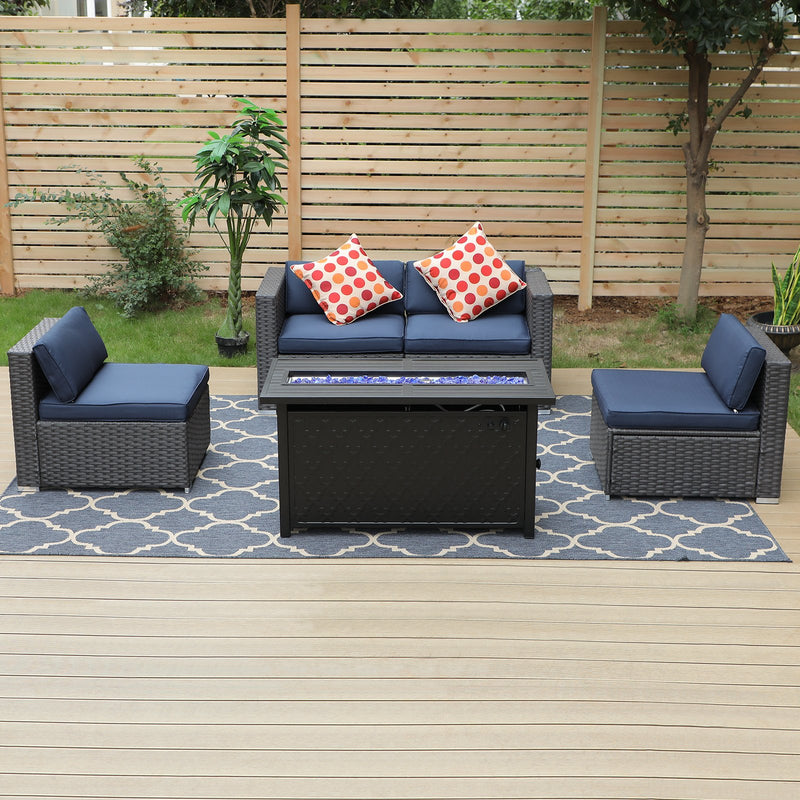 PHI VILLA 5-Piece Patio Fire Pit Set Rattan Sectional Sofa & 50,000BTU Rectangle Fire Pit Table With Lid