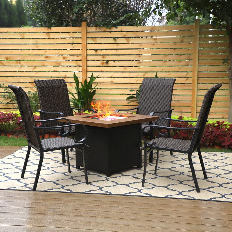 PHI VILLA 5-Piece Patio Fire Pit Set with Rattan Dining Chairs & Wood-look Gas Fire Pit Table
