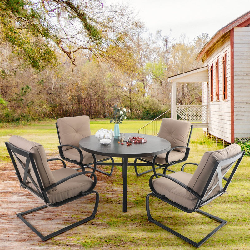 PHI VILLA 5-Piece Outdoor Dining Set With Steel Square Table & 4 C-Spring Cushioned Chairs