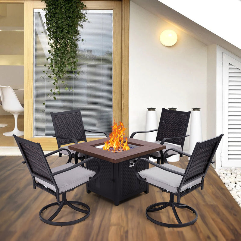 PHI VILLA 5-Piece Patio Outdoor Fire Pit Set with Rattan Swivel Chairs & Wood-look Square Steel Gas Fire Pit Table