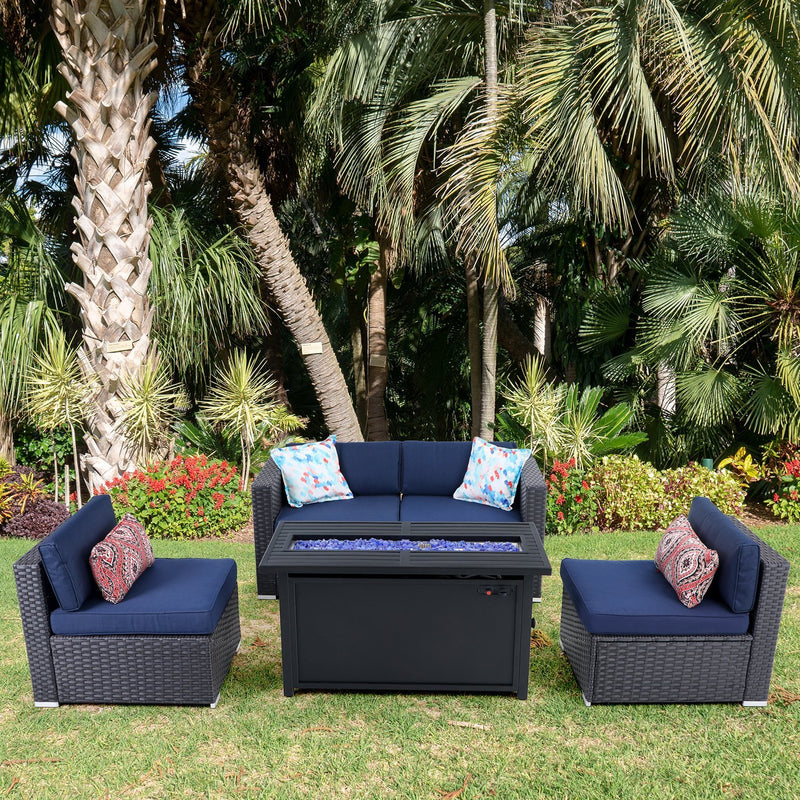 PHI VILLA 5-Piece Fire Pit Set With Gas Fire Pit Rectangle Table 50,000BTU & Rattan Wicker Sectional Sofa