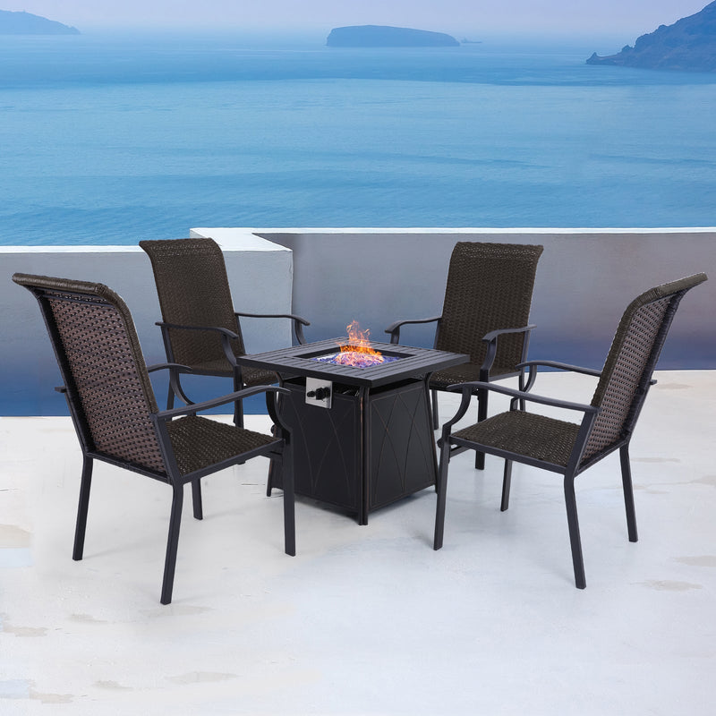 PHI VILLA 5-Piece Square Steel Gas Fire Pit Table & 4 Rattan Dining Chairs Patio Outdoor Dining Set