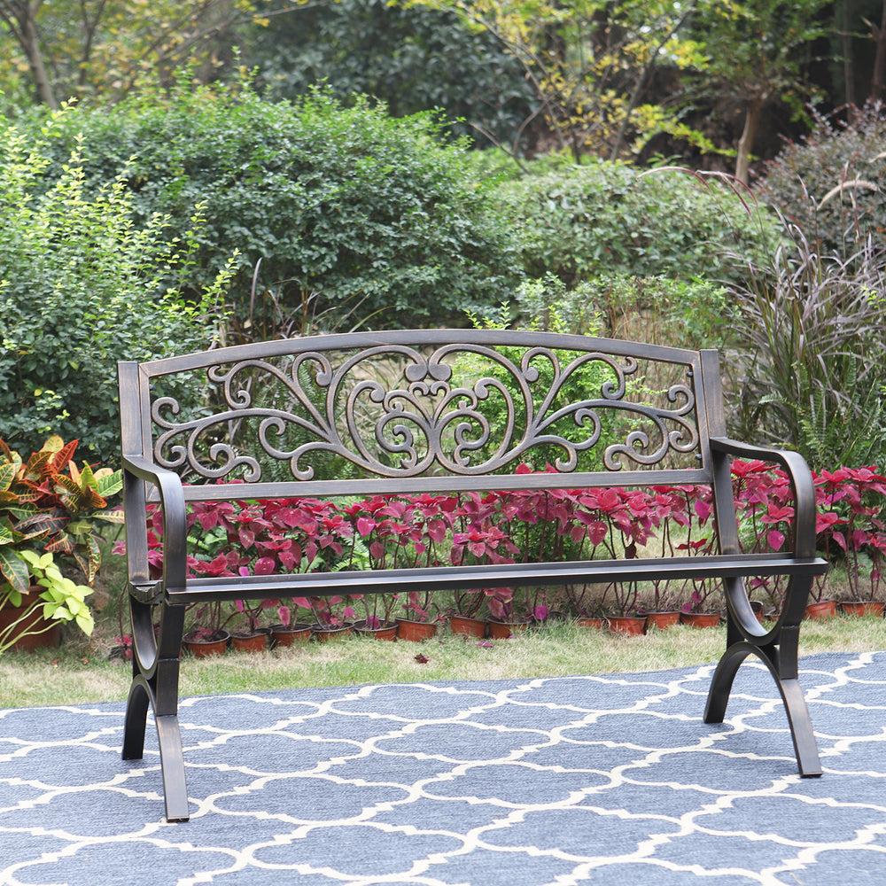 PHI VILLA 50 Inch Garden Outdoor Bench Cast Iron Steel Frame Apple Blossom Pattern